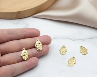 Gold Plated Stainless Steel Mini Hand with Evil Eye Charm, Hamsa Charms
