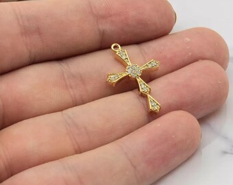 Gold Plated CZ Cross Pendant, Micro Pave Cross Charm, Dainty Cross Pendant, Religious Charm,  CZ138
