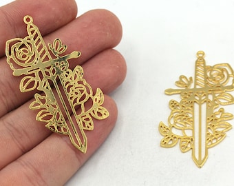 Gold Plated Sword Charms, Flower Charm, Sword Pendant, Long Sword Charm, Earring Pendants, Laser Charms, MJ362