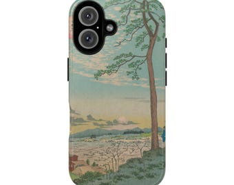 Vintage Japans landschapstelefoonhoesje | schilderachtige sakuraboom, zonsopgangkunst