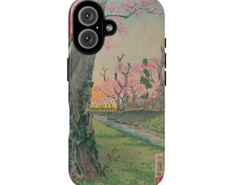 Capa para celular com paisagem de cerejeiras em flor | Capa para iPhone estilo xilogravura japonesa