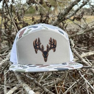 Whitetail Deer Skull Trucker Hat, Camo Hunting Hat with Leather Patch, Mesh Back Snapback, Outdoor Country Cap