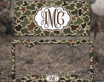 Duck Camo Personalized Monogram License Plate & Frame Set, Custom Initial Duck Camouflage Car Tag Cover, Hunting Truck Decor Outdoor Gift