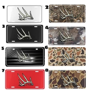 Deer Antler License Plate Aluminum Tag, Hunting Outdoor Front Car & Truck Plate 12x6, Camo American Flag Red White Black Country Style