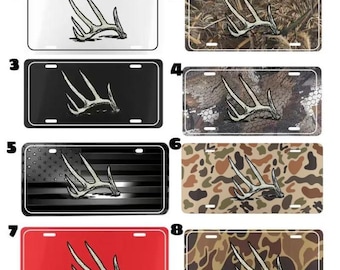 Deer Antler License Plate Aluminum Tag, Hunting Outdoor Front Car & Truck Plate 12x6, Camo American Flag Red White Black Country Style