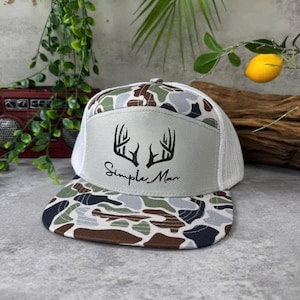 Simple Man Antler Hat – Embroidered Deer Antlers Trucker Cap | Camo Mesh Snapback | Adjustable Flatbill | Outdoor Hunting Hat for Men