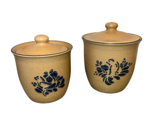Set di 2 barattoli vintage Yorktowne di Pfaltzgraff in gres blu-marrone.