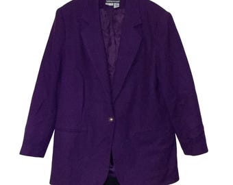 Blazer Savannah II para mujer, talla 12, morado, 100% lana, hecho en EE. UU., estilo vintage, con un solo botón.