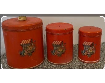 Unbranded Vintage Kitchen Canisters Set 3 Orange Metal Floral Wagon MCM Tin