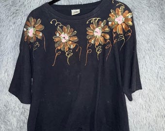 cesucci Vintage Black 3/4 Sleeve T Shirt Floral Rhinestones Pearls Roses Medium