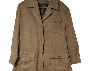 Lizsport Vintage 1990er Jahre Blazer Damen 10 Braun Herringbone Woll Blazer Jacke
