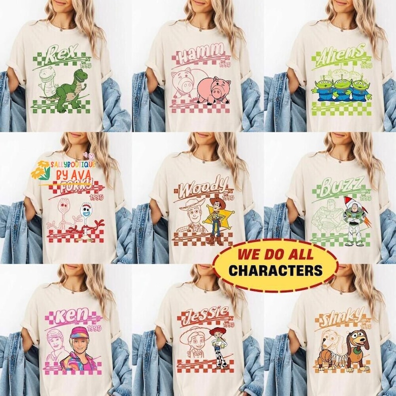 Retro Disneyland Pixar Toy Story All Characters Villains Checkered Signature Shirt, Woody, Buzz, Jessie, Bo Peep,Personalized Group Matching image 2