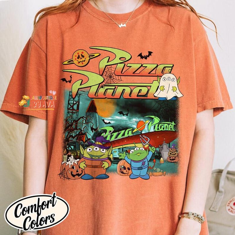 Comfort Colors® Vintage Aliens Toy Story Pizza Planet Halloween Shirt, Toy Story Halloween Shirt, Disneyland Spooky Season, Halloween Party image 1
