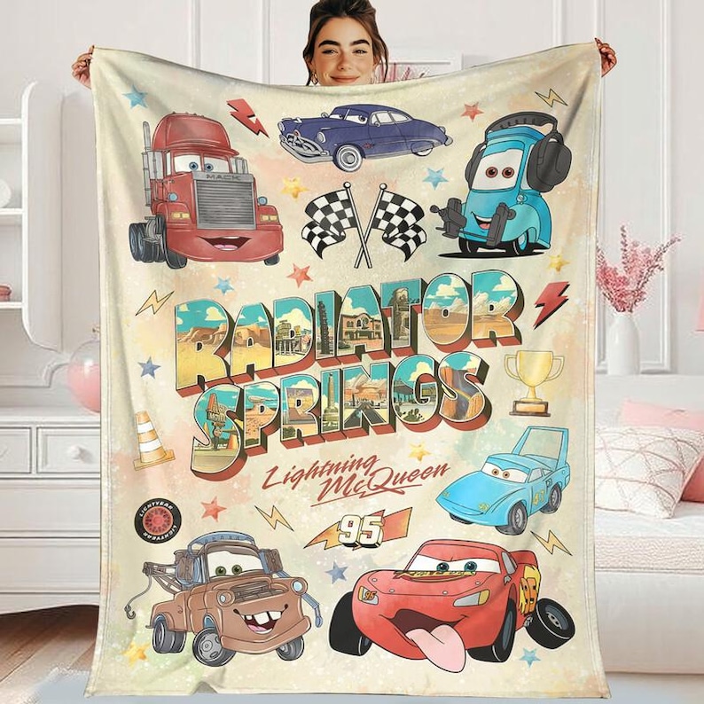 Disneyland Cars Fleece Blanket, Blanket Radiator Springs Cars Movie, Lightning Mcqueen Sally Tow Mater Cars, Cars Characters Blanket Gifts image 1