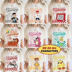 Retro Disneyland Pixar Toy Story Zootopia Peter Pan Tinker Bell Nemo All Characters Checkered Signature Shirt, Personalized Group Matching image 2