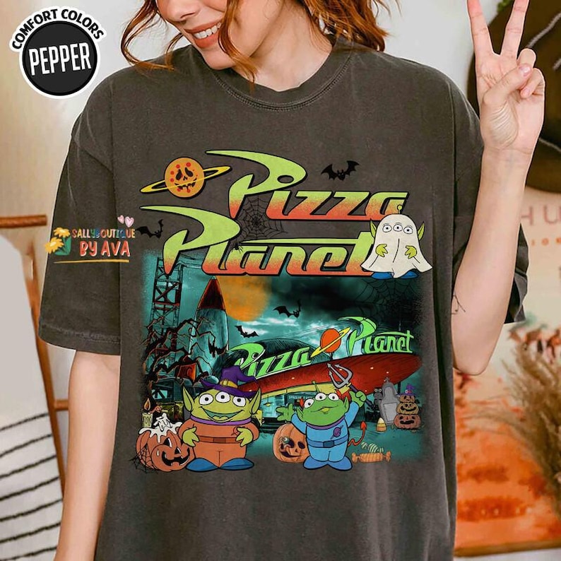 Comfort Colors® Vintage Aliens Toy Story Pizza Planet Halloween Shirt, Toy Story Halloween Shirt, Disneyland Spooky Season, Halloween Party image 2