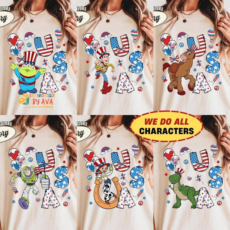 Chemise personnalisée tous les personnages de Toy Story 4 juillet, chemise assortie famille patriotique Disneyland, chemise 250e anniversaire des États-Unis, jour de l'indépendance image 1