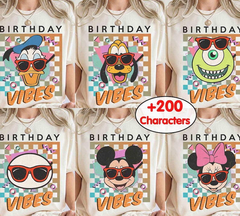 Disneyland Retro 90s Mickey And Friends Birthday Vibes Shirt, Cute Minnie Donald Daisy Tee, Disneyland Magic Kingdom Family Vacation 2025 image 1
