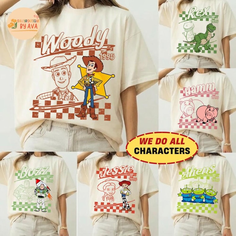 Retro Disneyland Pixar Toy Story All Characters Checkered Signature Shirt, Woody, Buzz, Jessie, Bo Peep, Personalized Group Matching Tee image 1