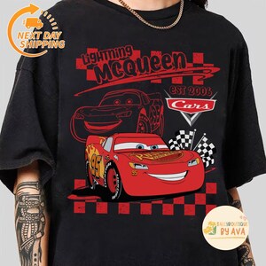 Retro Disneyland Cars Shirt, Checkered Lightning McQueen Cars Sally Tow Mater Shirt, Disneyland Group Matching Trip Shirts, Family Matching image 2