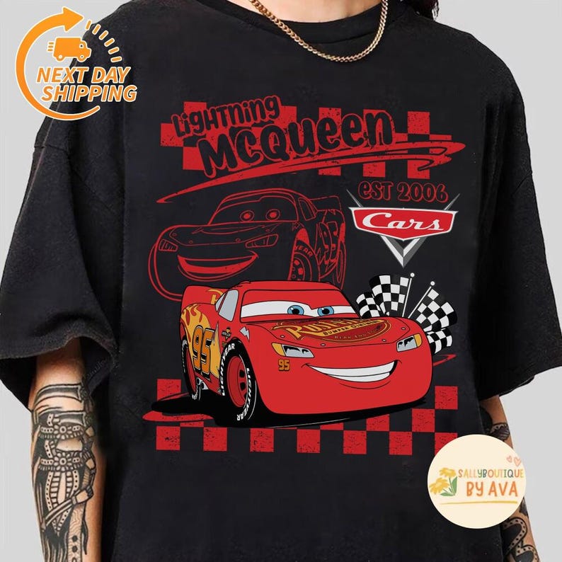 Retro Disneyland Cars Shirt, Checkered Lightning McQueen Cars Sally Tow Mater Shirt, Disneyland Group Matching Trip Shirts, Family Matching image 2