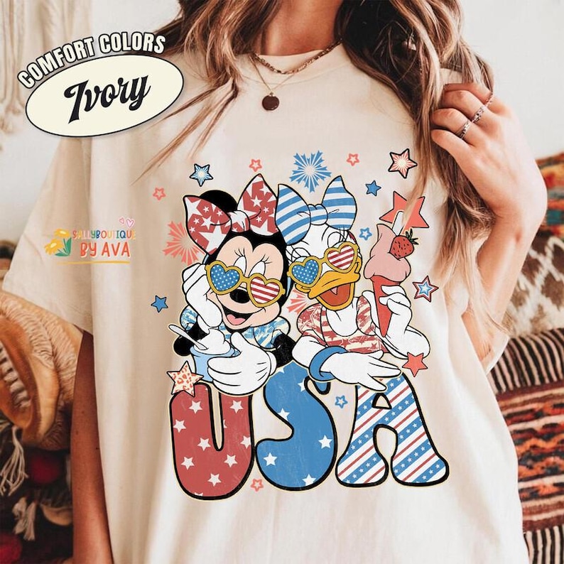 Vintage Minnie Daisy Disneyland USA Happy 4Th Of July Shirt, Disneyland Girl Trip Patriotic American Shirt, Independence Day, 250th Shirt image 1