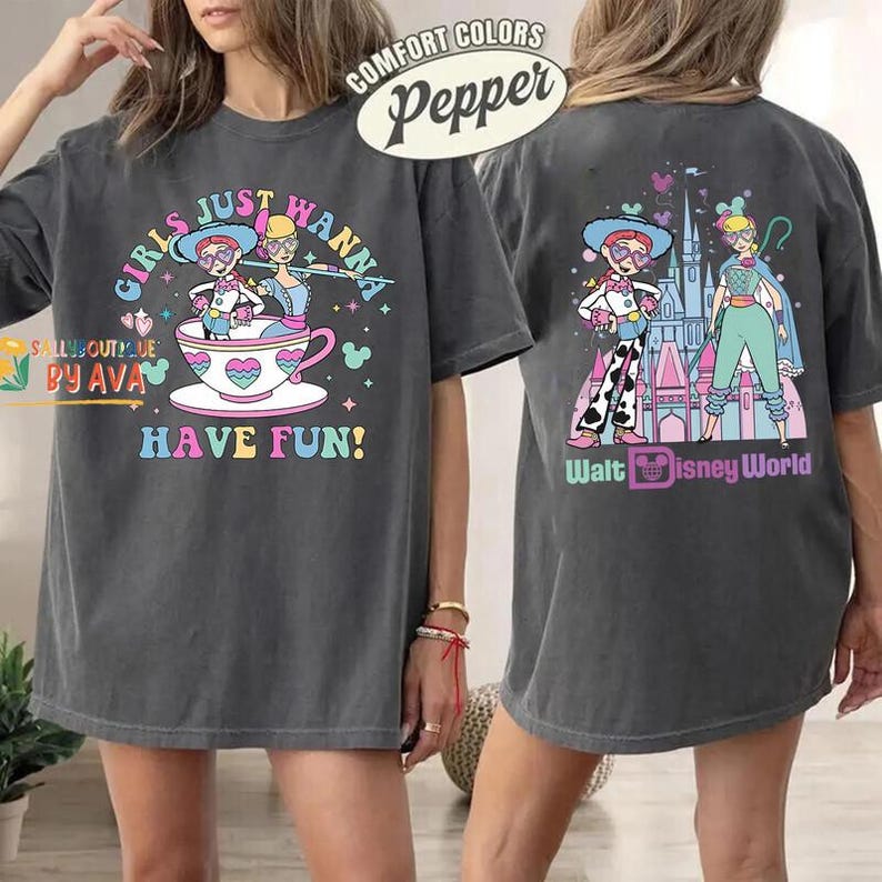 Girls Just Wanna Have Fun Disneyland Shirt, Bo Peep And Jessie Toy Story Tee, Disneyworld Family Trip Apparel, Retro Teacup Graphic Top image 3