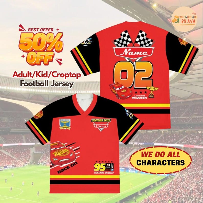 Personalized Lightning McQueen Crop Top Jersey Football Jersey, Custom Name DisneyCars Football Shirt, Disneyland Cars Baseball Team Outfit image 1
