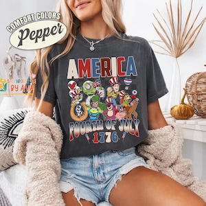 Toy Story Checkered Disneyland Happy 4th of July Shirt, Woody Buzz Jessie Rex,Toy Story Characters USA 250th Anniversary Shirt image 3