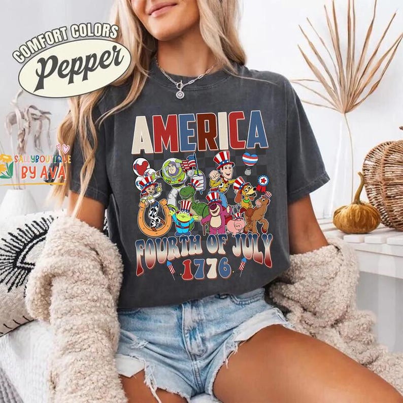 Toy Story Checkered Disneyland Happy 4th of July Shirt, Woody Buzz Jessie Rex,Toy Story Characters USA 250th Anniversary Shirt image 3