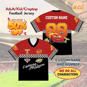 Personalized Disneyland Cars Football Jersey, Custom Name Number Lightning McQueen Shirt, Cars Movie Birthday Gift, Boys Racing Jersey image 1