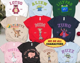 Camiseta retro de Toy Story con colores cómodos, camisetas familiares a juego de Disneyland, camisetas grupales de Disneyland, Toy Story Woody Buzz Jessie LilyPad Aliens
