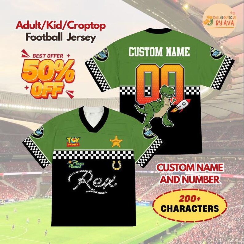 Custom Disneyland Toy Story Rex Football Jersey, Croptop Football Jersey, Disneyland Shirt, Disneyland Birthday Gift for Kids image 1