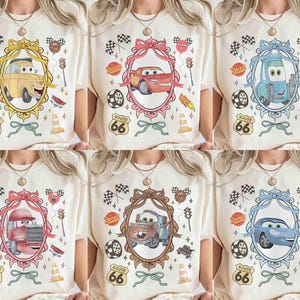 Disneyland Cars Watercolor Coquette shirt, Lightning McQueen Mater Doc Hudson Sally Carrera Birthday Cars Family Matching Trip Shirt Bild 1
