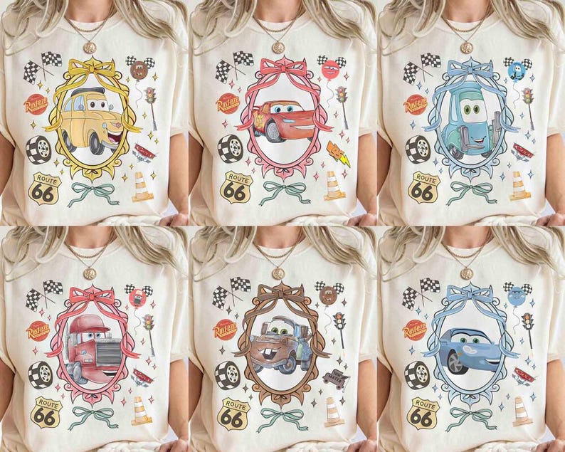 Disneyland Cars Watercolor Coquette shirt, Lightning McQueen Mater Doc Hudson Sally Carrera Birthday Cars Family Matching Trip Shirt Bild 1