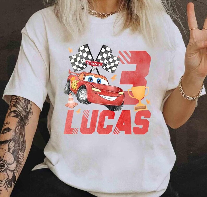Custom Disneyland Pixar Cars Birthday, Lightning McQueen Sally Birthday Shirt, Personalized Age & Name Shirt, Kids Race Car Birthday Tee bild 4