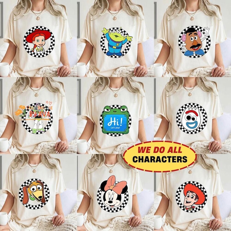 Retro Disneyland Toy Story 5 Checkered Comfort Colors Shirt, Disneyland All Characters Shirt, Lilypad Woody Buzz Disneyland Trip Shirt image 1