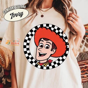 Retro Disneyland Toy Story 5 Checkered Comfort Colors Shirt, Disneyland All Characters Shirt, Lilypad Woody Buzz Disneyland Trip Shirt image 6