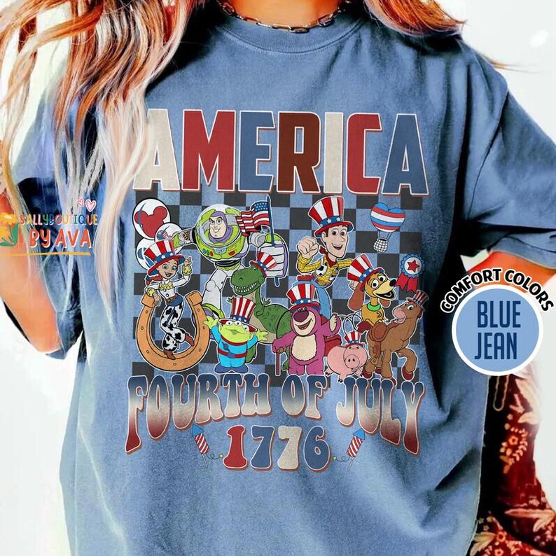 Toy Story Checkered Disneyland Happy 4th of July Shirt, Woody Buzz Jessie Rex,Toy Story Characters USA 250th Anniversary Shirt image 7