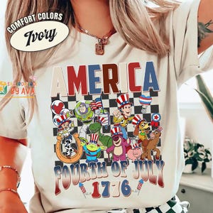 Toy Story Checkered Disneyland Happy 4th of July Shirt, Woody Buzz Jessie Rex,Toy Story Characters USA 250th Anniversary Shirt image 5