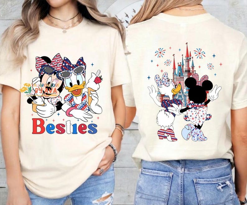 2 Side Minnie Daisy Happy 4th of July T-shirt, Disneyland Bestie Shirt, Happy Independence Day 2026 Matching Tee, Birthday Girl Shirt image 2
