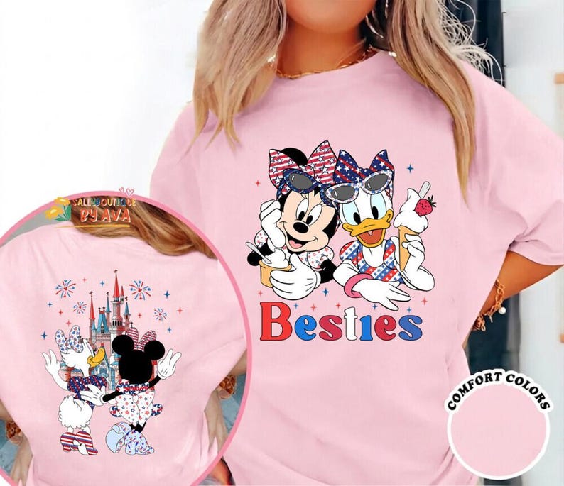 2 Side Minnie Daisy Happy 4th of July T-shirt, Disneyland Bestie Shirt, Happy Independence Day 2026 Matching Tee, Birthday Girl Shirt image 3