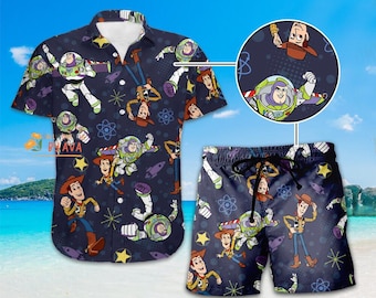 Toy Story Woody And Buzz Lightyear Hawaiian Shirt, Disneyland Toy Story Button Up Shirt, Summer Beach Outfit, Disneyland Summer Vacation