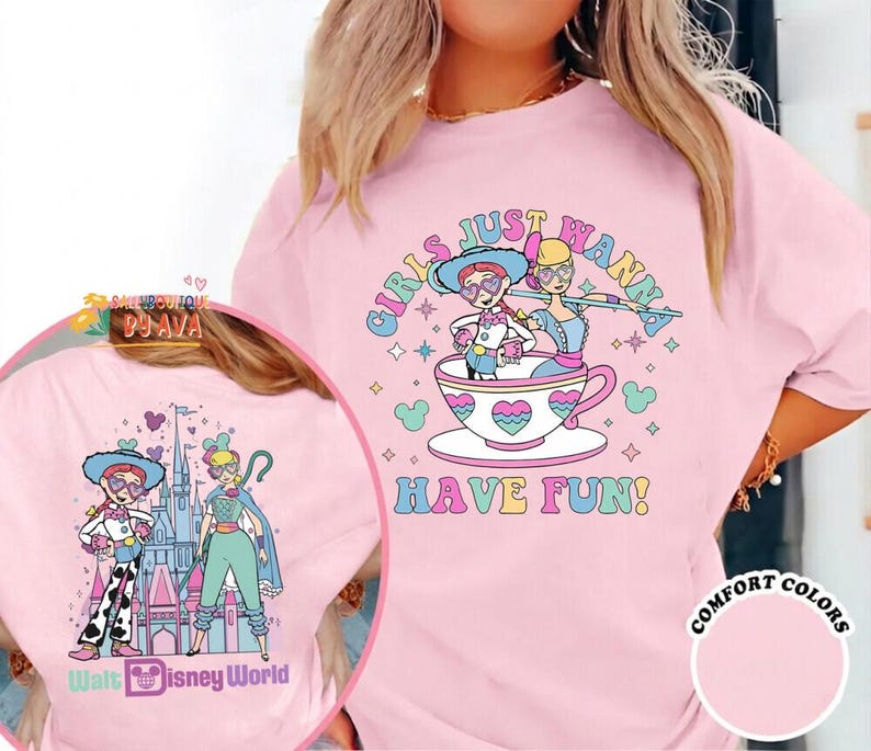 Girls Just Wanna Have Fun Disneyland Shirt, Bo Peep And Jessie Toy Story Tee, Disneyworld Family Trip Apparel, Retro Teacup Graphic Top image 2