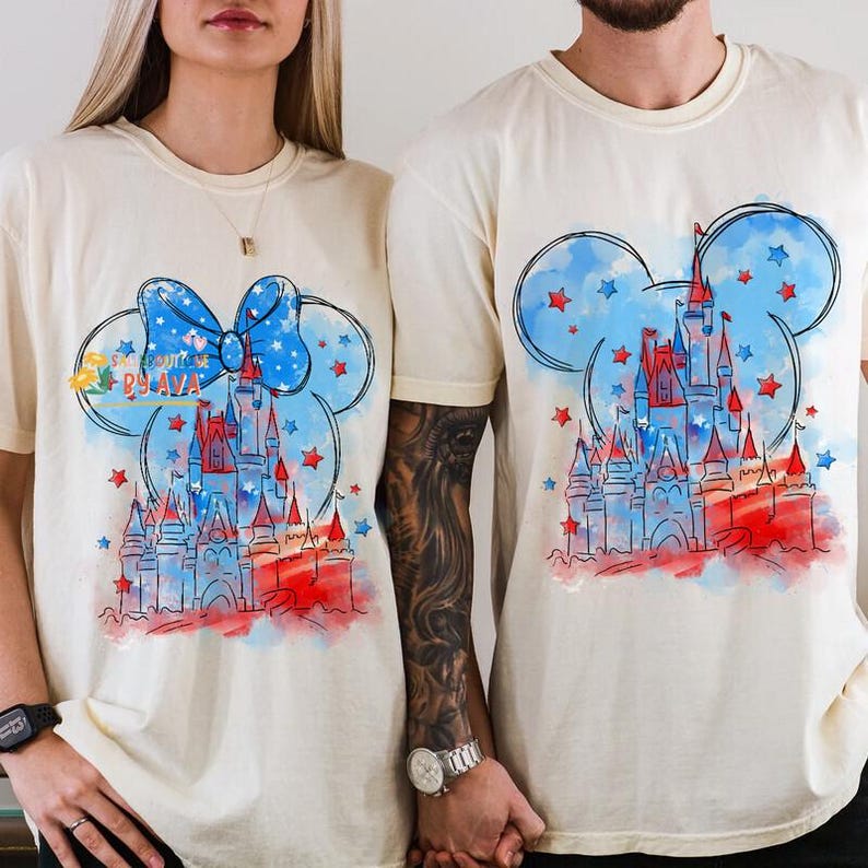 Watercolor Disneyland Castle 4th of July Shirt, Merica Disneyland Shirt, 4th of July Mickey Minnie Shirt, Independence Day 2026 Matching Tee image 3