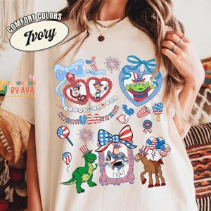 Coquette Bows Toy Story Characters USA 250th Anniversary Shirt, Pixar Toy Story 4th of July Shirt, Disneyland Independence Day Gift image 1