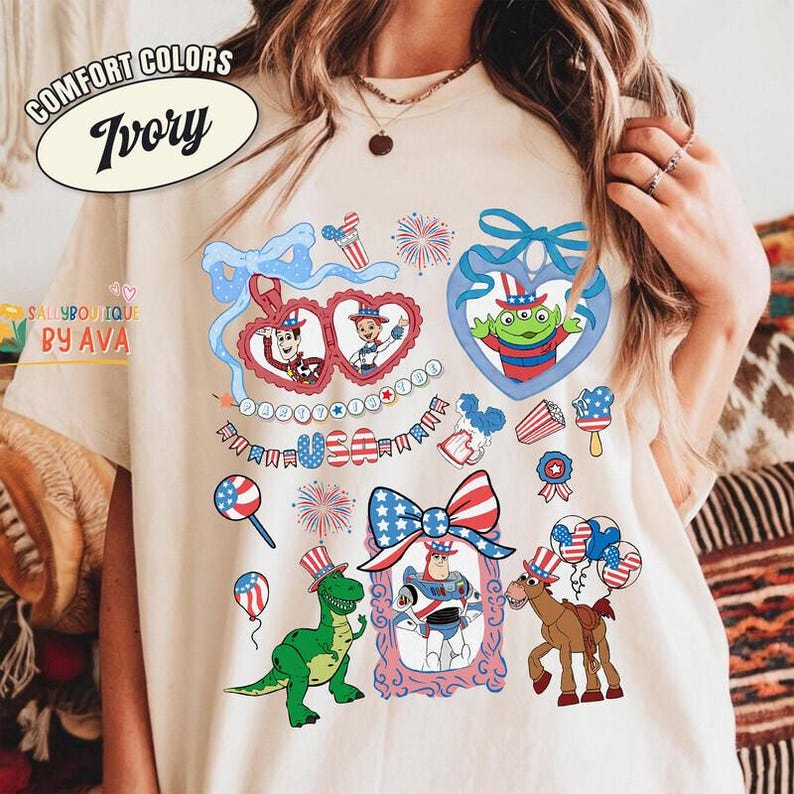 Coquette Bows Toy Story Characters USA 250th Anniversary Shirt, Pixar Toy Story 4th of July Shirt, Disneyland Independence Day Gift image 1