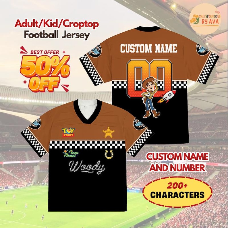 Custom Disneyland Toy Story Woody Football Jersey, Croptop Football Jersey, Disneyland Football Shirt, Disneyland Birthday Gift for Kids image 1