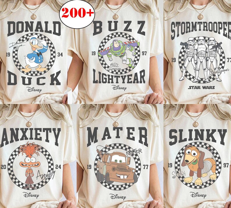 Camiseta de todos los personajes de Disneyland, Pixar Toy Story Disneyland Princesa Mickey y sus amigos Intensa-Mente Monsters Inc., camiseta de viaje a Disneyland imagen 1