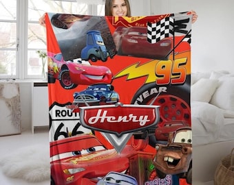 Custom NameCars Disney Blanket, Personalized Lightning Mcqueen Sally Tow Mater Cars Blanket, Cars Characters Birthday Blanket Gifts